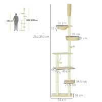 PawHut IE Located Floor to Ceiling Cat Tree, Adjustable Height, Cat Climbing Tower with Carpeted Platforms, Cozy Bed, Hammock, Scratching Posts, Toy Balls, Activity Center for Kittens, Beige(m-3)