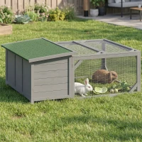 PawHut Konijnenhok Konijnenstal hout konijnenkooi met opklapbaar bitumendak, ren, deuren 125,5x100x49 cm Grijs(m-2)