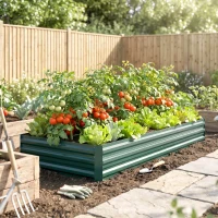 Outsunny Carré Potager en Métal Modulable - Potager Surélevé 241x90,5x30cm en Acier Galvanisé - Jardinière Extérieur Anti-Rouille pour Légumes et Fleurs, Vert Foncé(m-8)
