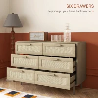 HOMCOM Chest of Drawers, 6-Drawer Dresser, Tall Storage Drawer Unit with Rattan Element for Bedroom, Living Room, Oak(m-4)