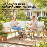 Outsunny Set Mobilier Grădină din Ratan, 4 Piese în Formă de L, cu 2 Canapele, Colțar, Măsuță de Cafea și Perne, Cadru din Oțel, pentru Balcon sau Terasă, Natural/Crem(m-4)