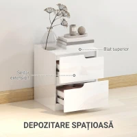 HOMCOM Noptieră modernă din lemn cu 2 sertare și design lucios, 40x40x48 cm, alb(m-5)