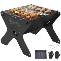 Outsunny 2-In-1 Portable BBQ Grill and Camping Fire Pit, Tabletop Charcoal Barbecue Grill with Gripper, Gloves and Carry Bag(m-10)