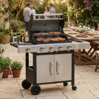 Outsunny Gas Barbecue Grill 4+1 Burner Garden Smoker BBQ Trolley w/ Side Burner Warming Rack Side Shelves Storage Cabinet Piezo Ignition Thermometer Stainless Steel + Metal(m-2)