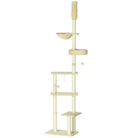 PawHut IE Located Floor to Ceiling Cat Tree, Adjustable Height, Cat Climbing Tower with Carpeted Platforms, Cozy Bed, Hammock, Scratching Posts, Toy Balls, Activity Center for Kittens, Beige(m-1)
