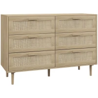 HOMCOM Cassettiera 6 Cassetti in Legno e Rattan Stile Boho per Soggiorno e Camera da Letto, 110x40x75 cm(m-1)