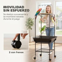 PawHut Parque de Juegos de Pájaros con Ruedas Escaleras Columpio Protector de Semillas Bandeja Comederos Perchas 63x63x163 cm(m-6)