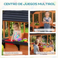 AIYAPLAY Casita Infantil Exterior e Interior de Madera con Barra de Snack y Bancos Mesa Lateral Fregadero Maceteros Marrón Claro(m-4)