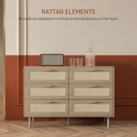 HOMCOM Chest of Drawers, 6-Drawer Dresser, Tall Storage Drawer Unit with Rattan Element for Bedroom, Living Room, Oak(m-5)