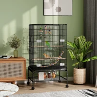 PawHut Gabbia per Uccelli con Area Gioco, Ruote, Vassoio Estraibile e Mensola, 64x45x110 cm, Nero(m-2)