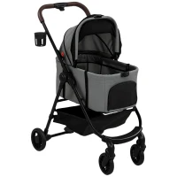 PawHut Dog Stroller, 3 in 1 Foldable Pet Stroller for Small Puppy Cat with Detachable Travel Carrier, Storage Basket, Grey(m-1)