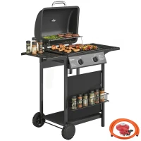 Outsunny Gas Burner Barbecue Grill, 2 Burner Gas Grill with Side Tables, Warming Rack, Shelf, Thermometer, Grease Tray, Black(m-10)