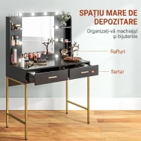 HOMCOM Masă de Machiaj cu 2 Sertare, 6 Rafturi, Oglindă și Taburet, din Lemn și Oțel, 90x45x132,5 cm, Negru(m-9)