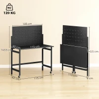 HOMCOM Banco de Trabalho com Painel Perfurado Mesa Dobrável com Rodas Estrutura de Aço Ganchos Preto(m-3)