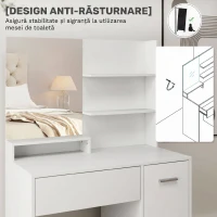 HOMCOM Masă de Toaletă pentru Machiaj cu Oglindă și Taburet, Sertar, Dulap și Rafturi din Lemn, Alb(m-8)