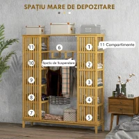 HOMCOM Dulap Deschis din Bambus cu 2 Uși Glisante, Rafturi Deschise și Bară pentru Umerașe, 145x35x165cm(m-10)