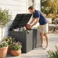 Outsunny Baú Exterior Capacidade 440L em Resina Resistente à Água e aos Raios UV com Tampa Bloqueável 133x62x65 cm Castanho(m-2)