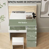 HOMCOM Set Masă de Toaletă cu Oglindă și 5 Sertare 97,2x44,5x136,5 cm și Taburet Căptușit 40x24x46 cm, Alb(m-5)