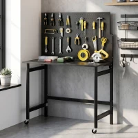 HOMCOM Banco de Trabalho com Painel Perfurado Mesa Dobrável com Rodas Estrutura de Aço Ganchos Preto(m-4)