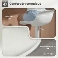 HOMCOM Lot de 2 Tabourets de Bar, Tabourets Hauts avec Siège Pivotant et Hauteur Réglable, Chaises de Bar en Cuir PU avec Dossier pour Îlot de Cuisine, Salle à Manger, Blanc(m-6)