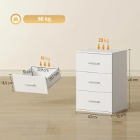 HOMCOM Nachttisch mit 3 Schubladen, Beistell-Kommode für Schlafzimmer, MDF, Weiß(m-3)