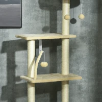 PawHut IE Located Floor to Ceiling Cat Tree, Adjustable Height, Cat Climbing Tower with Carpeted Platforms, Cozy Bed, Hammock, Scratching Posts, Toy Balls, Activity Center for Kittens, Beige(m-9)