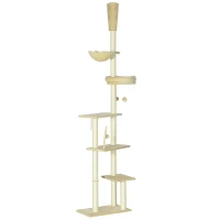 PawHut IE Located Floor to Ceiling Cat Tree, Adjustable Height, Cat Climbing Tower with Carpeted Platforms, Cozy Bed, Hammock, Scratching Posts, Toy Balls, Activity Center for Kittens, Beige(m-11)