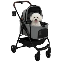 PawHut Dog Stroller, 3 in 1 Foldable Pet Stroller for Small Puppy Cat with Detachable Travel Carrier, Storage Basket, Grey(m-10)