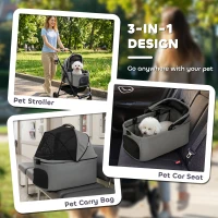 PawHut Dog Stroller, 3 in 1 Foldable Pet Stroller for Small Puppy Cat with Detachable Travel Carrier, Storage Basket, Grey(m-5)