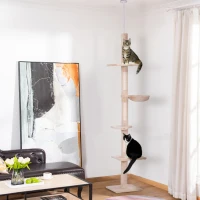 PawHut Arbore pentru Pisici Multietajat Reglabil pe Înălțime, cu Hamac și Înveliș de Pluș, 40x34x230-260cm, Bej(m-2)
