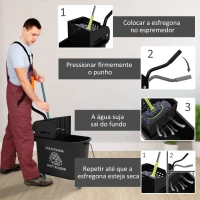 HOMCOM Balde de Limpeza 20L com Rodas e Espremedor Balde para Esfregona com Separador de Água 60x27x70,5 cm Preto(m-6)