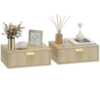 HOMCOM Modern Floating Nightstands Set of 2, Wall Mounted Bedside Tables with Wave Drawer Oak(m-10)