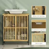 HOMCOM Dulap sub Chiuvetă pentru Baie cu 2 Uși Tip Lamele din Lemn de Bambus și MDF cu Decupaj în U, 60x30x70cm(m-7)
