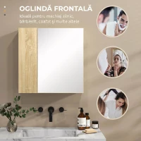 Kleankin Dulap cu oglinda pentru baie cu montaj pe perete, dulap pentru baie cu oglinda, usi duble si rafturi de depozitare, natural(m-4)