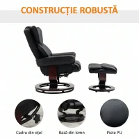 HOMCOM Fotoliu Relax cu Taburet pentru Picioare, Reclinabil la 145° cu Șezut Rotativ, Imitație Piele, Negru(m-5)