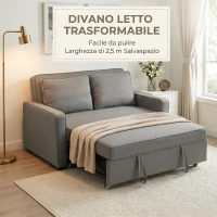 HOMCOM Divano Letto 2 Posti 3 in 1 con Schienale Regolabile in 3 Posizioni e 2 Cuscini, Tessuto Effetto Lino, Grigio(m-7)