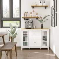 HOMCOM Mobilier de Bucătărie cu 2 Sertare și 3 Dulapuri, Uși din Sticlă și Rafturi Ajustabile, 120x40x90 cm, Alb și Stejar(m-2)