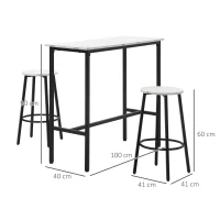 HOMCOM Set 3 Piese cu Masă Dreptunghiulară și 2 Scaune de Bar din PAL, MDF și Oțel, Alb-Negru(m-3)