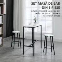 HOMCOM Set 3 Piese cu Masă Dreptunghiulară și 2 Scaune de Bar din PAL, MDF și Oțel, Alb-Negru(m-4)