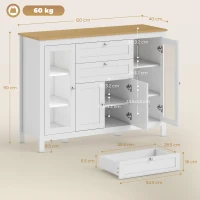 HOMCOM Mobilier de Bucătărie cu 2 Sertare și 3 Dulapuri, Uși din Sticlă și Rafturi Ajustabile, 120x40x90 cm, Alb și Stejar(m-3)
