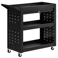 HOMCOM Carrello Portautensili con Ruote Bloccabili, Carrello da Officina Mobile con 3 Livelli, Cassetto e Pannelli Forati, Nero(m-4)