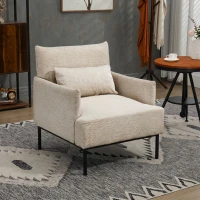 HOMCOM Fotoliu Modern de Design cu Pernă Extra, din Material Textil cu Efect de In și Oțel, 73x81x82 cm, Alb Crem(m-7)