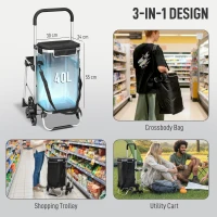 HOMCOM Cărucior de Cumpărături din Aluminiu cu Geantă de 40L Impermeabilă și Scaun, 46x59.5x97 cm, Negru și Argintiu(m-4)