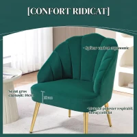 HOMCOM Fotoliu de Cameră și Living în Stil Art Deco cu Spătar în Formă de Scoică, din Material Vellutat și Oțel, 63x65x84 cm, Verde(m-4)