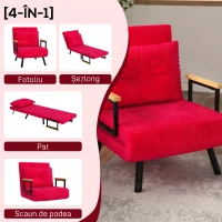 HOMCOM Fotoliu Pat 3 în 1 cu Spătar Rabatabil și Pernă, din Material Catifelat, 63x73x81 cm, Roșu(m-4)