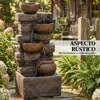 Outsunny Fonte de Jardim com Iluminação LED e Bomba, Fonte Decorativa em Cascata de 5 Níveis, Fluxo Ajustável, Castanho Rústico(m-4)