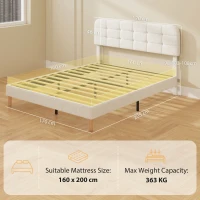 HOMCOM Cadru de pat 160x200cm cu somieră, tăblie reglabilă, pat dublu tapițat în velur teddy, lamele din lemn, alb(m-3)