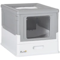 PawHut Hooded Cat Litter Box, Portable Pet Toilet, with Scoop, Front Entry - Grey(m-1)