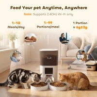 PawHut Distribuitor Automat Hrană Pisici 6L WiFi 2.4G, Control prin Aplicație cu Timer, 1-10 Mese pe Zi, Înregistrare 10s, 2 Boluri din Oțel Inoxidabil(m-4)