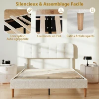 HOMCOM Cadre de lit 160x200cm avec sommier, tête de lit réglable, lit double rembourré en velours teddy, lattes en bois, blanc(m-6)